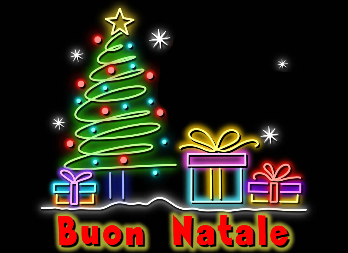 Immagine colorata Buon Natale con albero di Natale e regali.