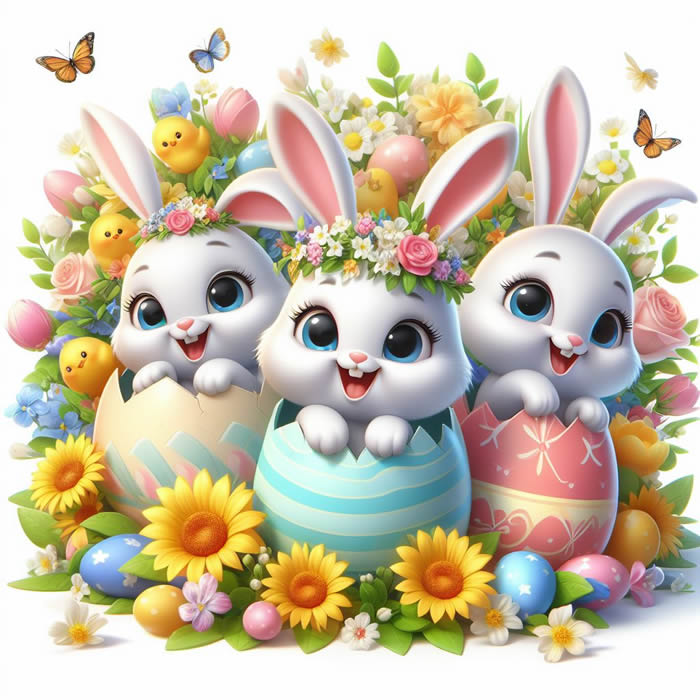Immagine con simpatici coniglietti pasquali con girasoli, farfalle e uova decorate in un paesaggio primaverile e allegro