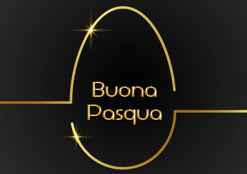 biglietto di auguri stilizzato a forma di uovo di Pasqua, con un messaggio di benvenuto tutto realizzato in oro scintillante