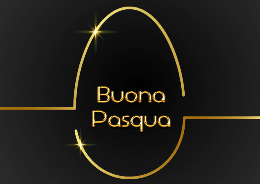 biglietto di auguri stilizzato con uovo di Pasqua, con un messaggio di benvenuto tutto in oro scintillante