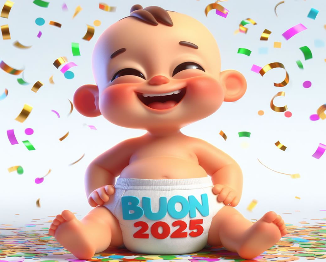 Immagine divertente con il piccolo 2025 con ciuccietto in bocca