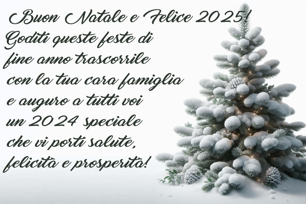 Immagine con abete innevato e frase di auguri per amico e famiglia