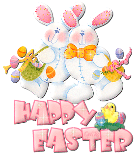 GIF con due luccicanti coniglietti pasquali con testo in inglese Buona Pasqua