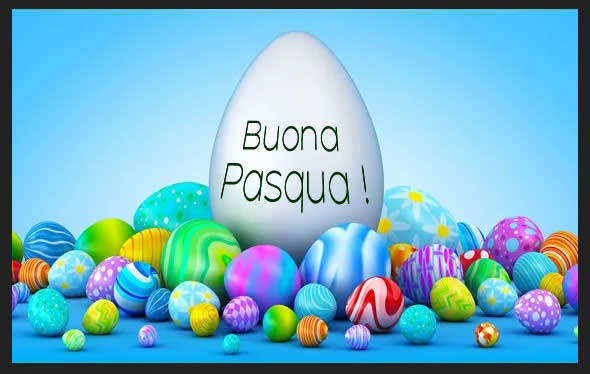 Immagine con tante uova di cioccolato decorate e un grande uovo con la scritta Buona Pasqua