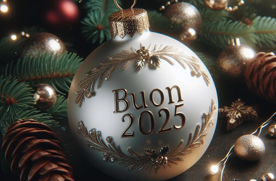 Pallina di natale e scritta BUON 2025 in colore giallo