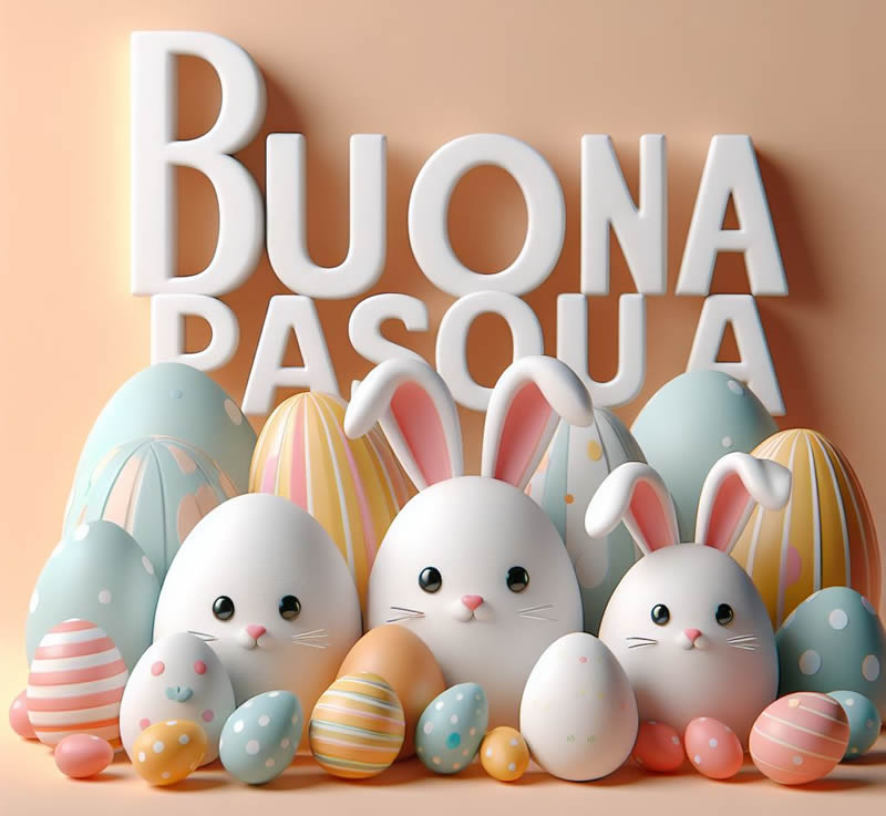 Immagine con uova decorate, orecchie di coniglio e scritta Buona Pasqua in 3d ci colore bianco per i tuoi auguri speciali di Pasqua 