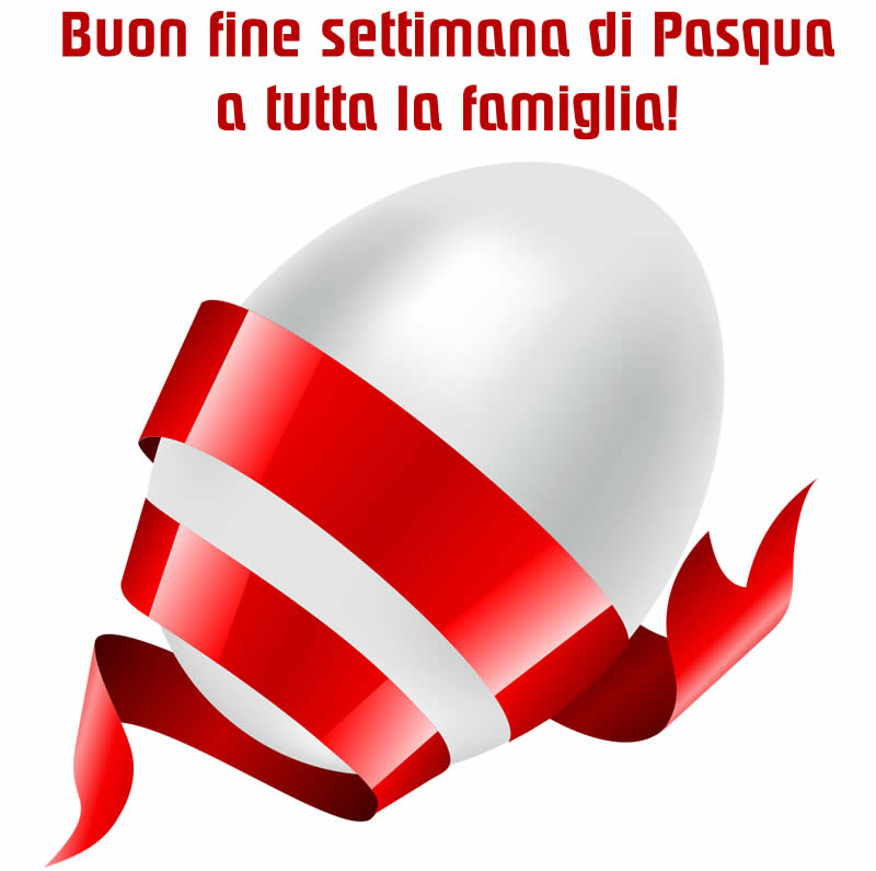 Immagine con uovo di Pasqua con nastro rosso e messaggio di Buona Pasqua