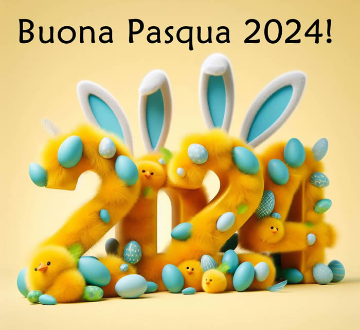 Immagine di un 2024 con i numeri ricoperti di pulcini e uova con gli auguri per una buona pasqua 2024