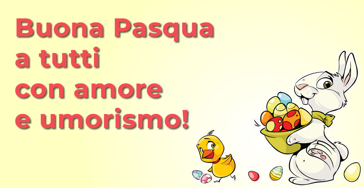 Immagine con un simpatico coniglietto seduto nel cestino con fiori. Buona Pasqua a tutti con amore e umorismo!