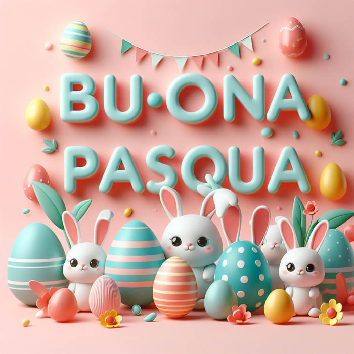 Immagine con grande scritta Buona Pasqua colorata.