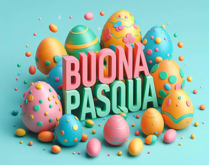 Immagine con scritta Buona Pasqua in 3D circondato da uova colorate e decorate per pasqua