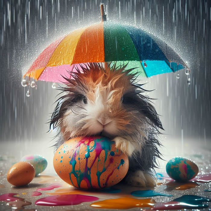 Immagine con un tenero coniglio inzuppato che con ombrello che protegge  dalla pioggia un uovo decorato