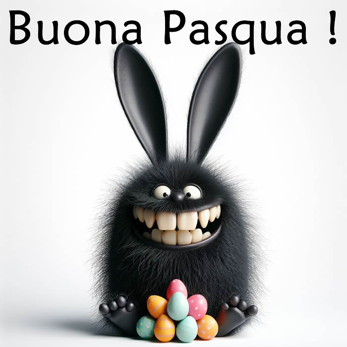 Immagine umoristica di buona pasqua con un coniglio nero con grossi denti e uova di pasqua che augura una bellissima  pasqua