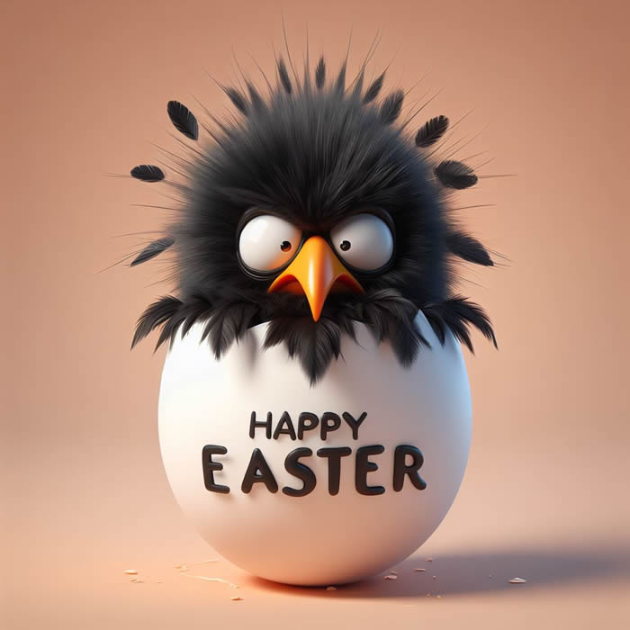Immagine divertente con un pulcino nero spennacchiato esce dall'uovo su cui è scritto Happy Easter