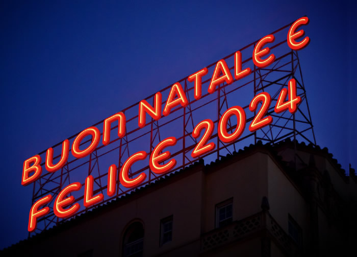 Immagine di tipo pubblicitario con il testo di Buon Natale e Felice 2025 creato con luci neon