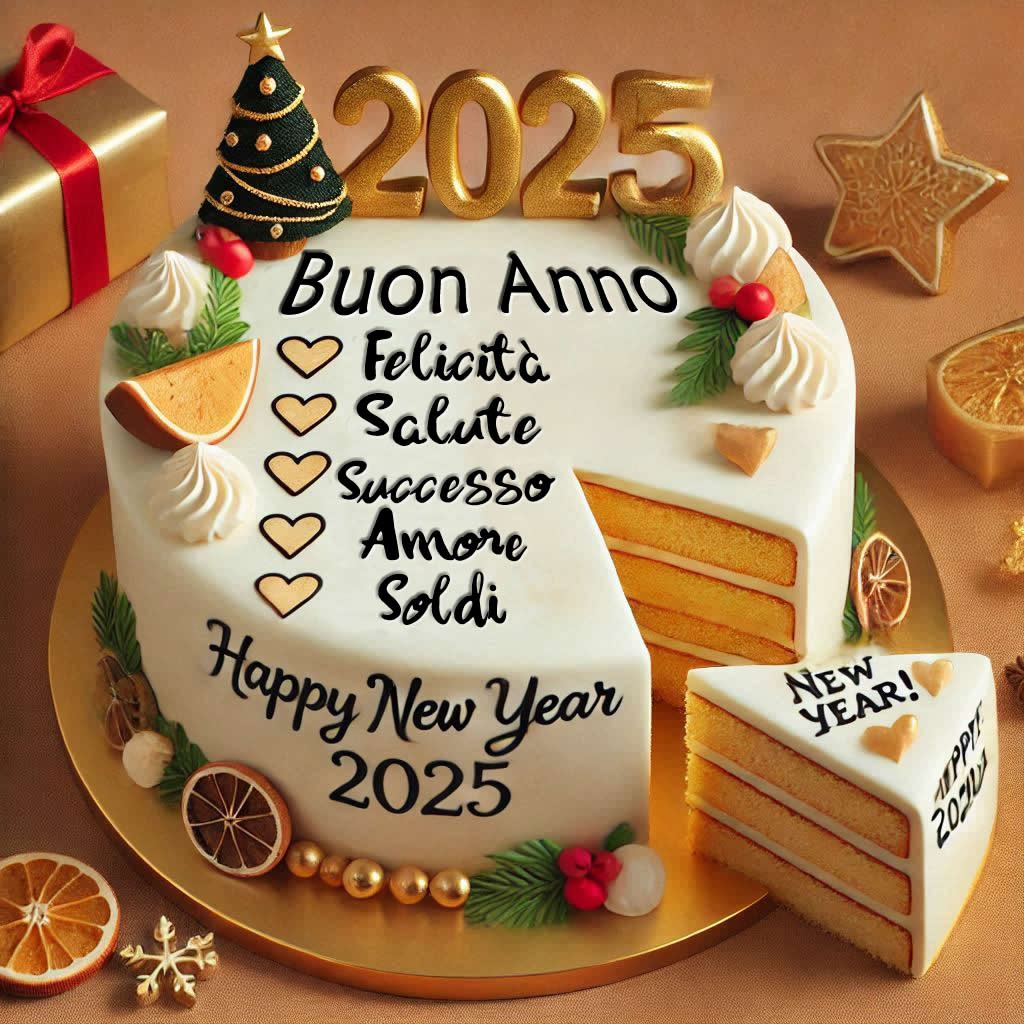 Torta di Capodanno con fette di auguri per il 2025