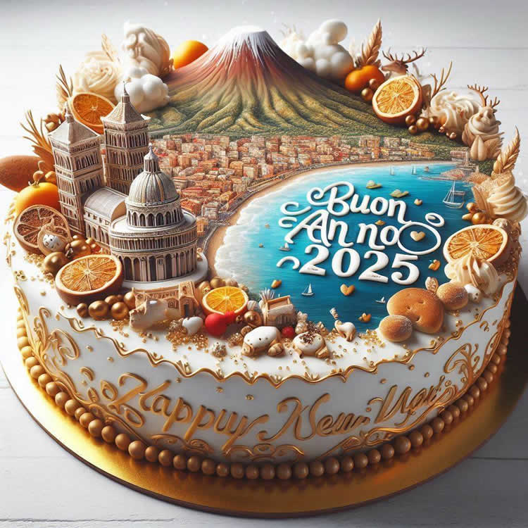 una bella torta di buon anno con una splendida veduta di Napoli, con il Vesuvio e il porto