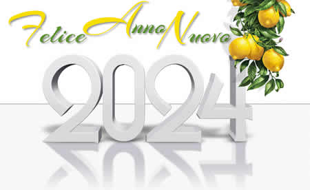 Immagine con testo auguri per il 2025, con albero di limone e frutti gialli.