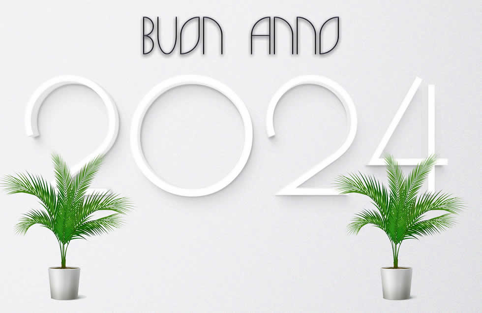 Immagine elegante con testo buon anno 2025 e due piante d'appartamento
