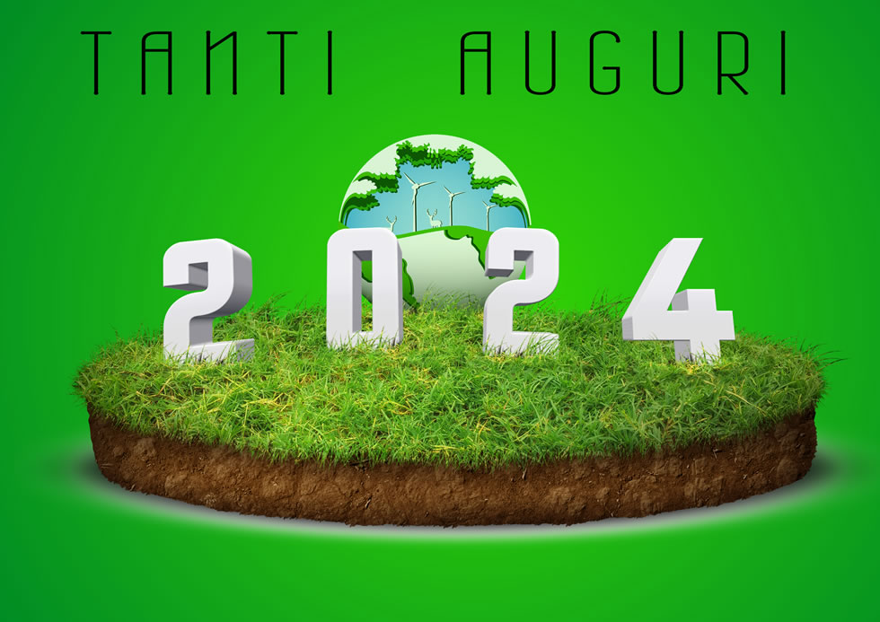 Immagine con testo 3D Auguri 2025 e pianeta verde con parchi eolici.