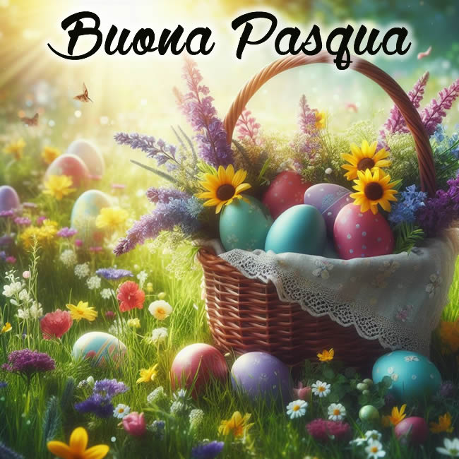 Immagine con cestino colmo di fiori e uova decorate su un prato fiorito con testo Buona Pasqua