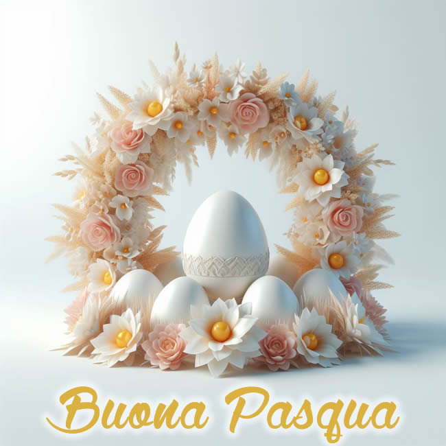 Bella decorazione con rose e fiori bianchi, elegante per i tuoi auguri speciali, con testo Buona Pasqua