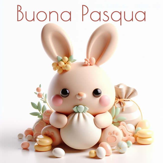 Immagine con un dolce coniglietto che tiene tra le mani un sacchetto regalo e tante piccole uova intorno