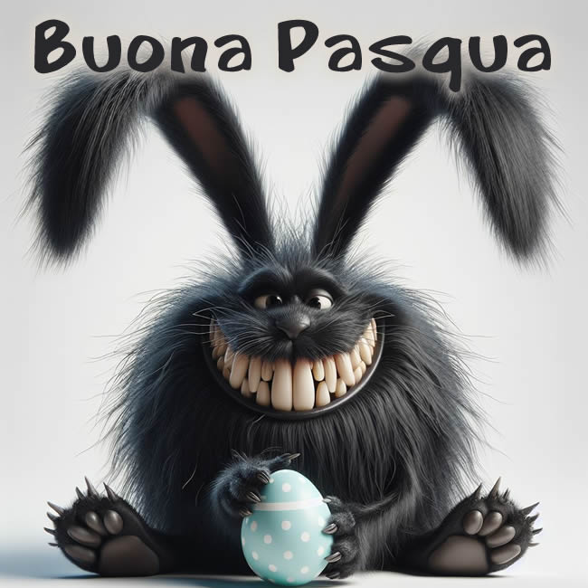 Immagine umoristica con un coniglio che dentoni e orecchie lunghe che augura Buona Pasqua