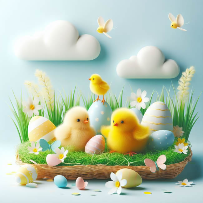 Immagine con pulcini e uova decorate